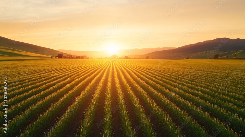Lush Rice Fields Under Warm Sunset Glow Lush Rice Fields Under Warm Sunset Glow