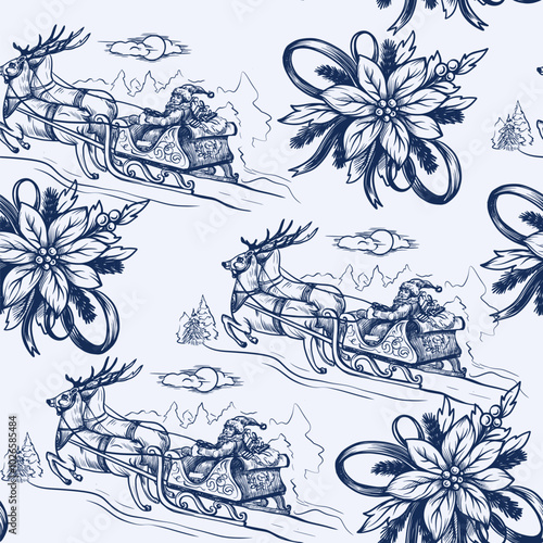 Seamless pattern with Santa, poinsettia, fir tree in toile style. Vector.