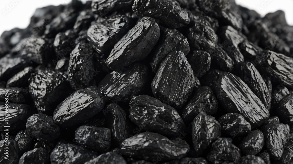 Black charcoal pieces arranged in a mound showcasing their texture and color in a studio setting Black charcoal pieces arranged in a mound showcasing their texture and color in a studio setting