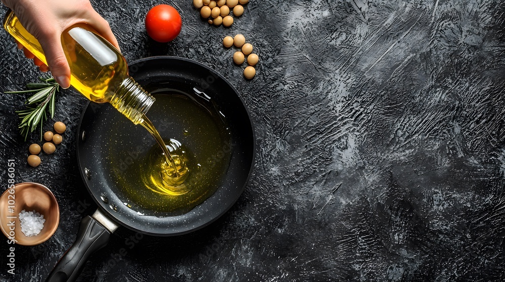 Soybean Oil Bottle Pouring: A hand pouring soybean oil into a frying pan, capturing the fluid motion. Soybean Oil Bottle Pouring: A hand pouring soybean oil into a frying pan, capturing the fluid motion.