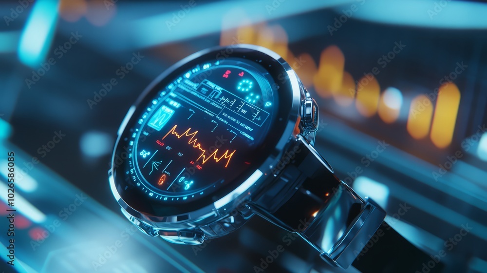 Obraz premium Smartwatch with advanced Display: A futuristic smartwatch, its sleek design gleaming with advanced technological display showing intricate data visualizations. Capturing the essence of innovation.