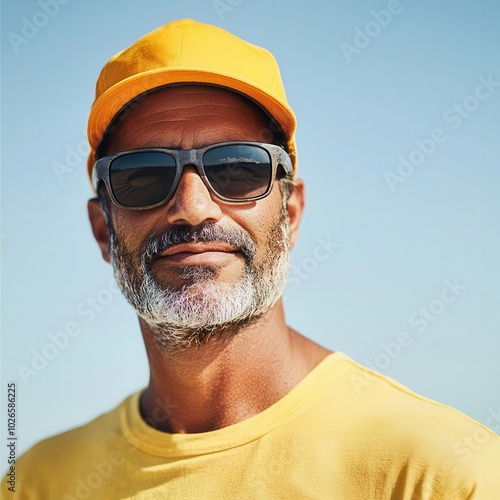 Outdoor worker with visibly sundamaged skin, UV protection awareness, Skin cancer prevention, Sun exposure risk photo