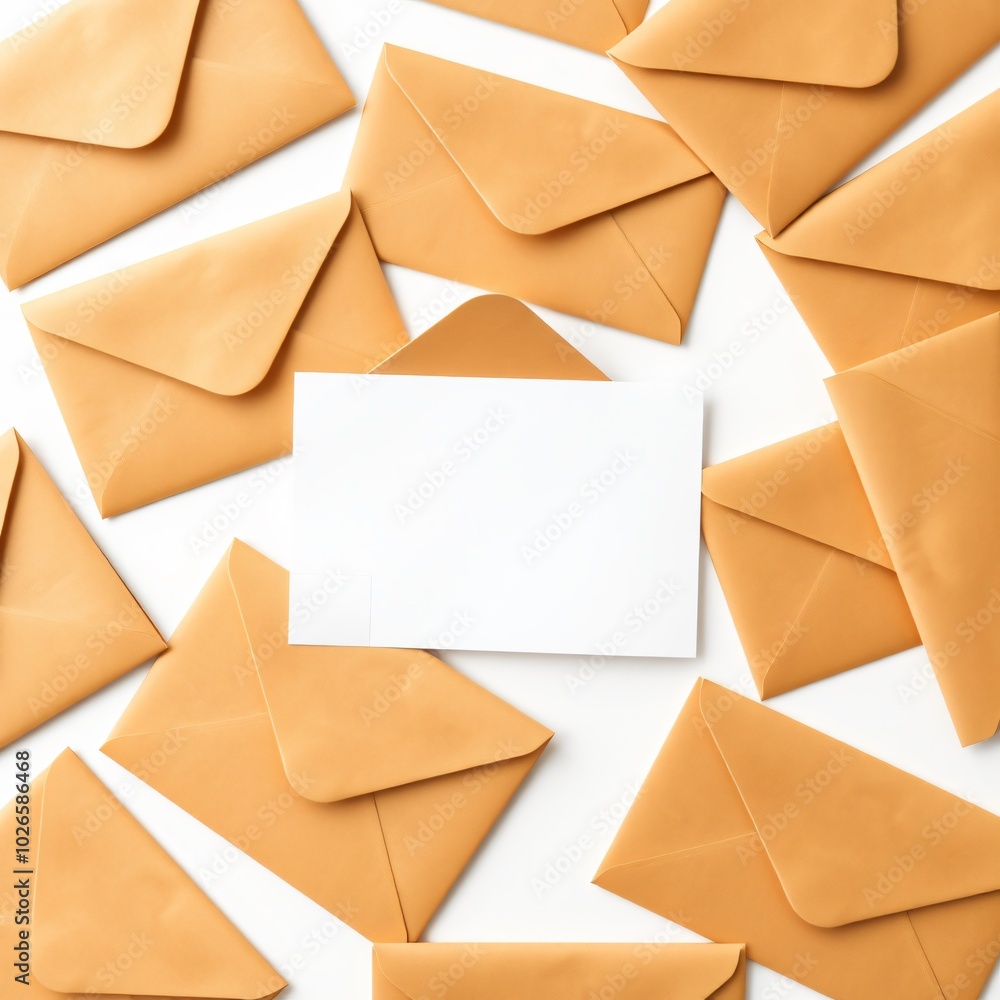 A collection of kraft envelopes arranged around a blank card on a clean, bright surface for creative mail ideas A collection of kraft envelopes arranged around a blank card on a clean, bright surface for creative mail ideas