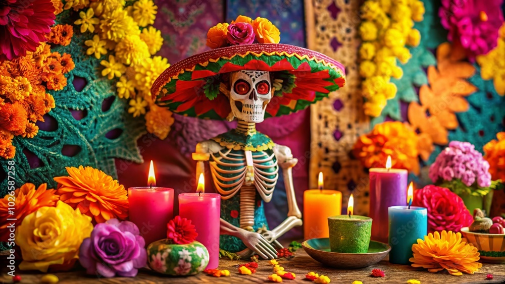 Naklejka premium Colorful Skeleton Celebrating Dia de los Muertos with Festive Decorations and Vibrant Details