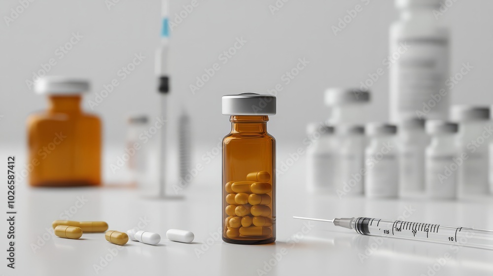 Amber vial filled with pills, syringes, and other medical supplies. A close-up shot highlighting pharmaceutical products. Amber vial filled with pills, syringes, and other medical supplies. A close-up shot highlighting pharmaceutical products.