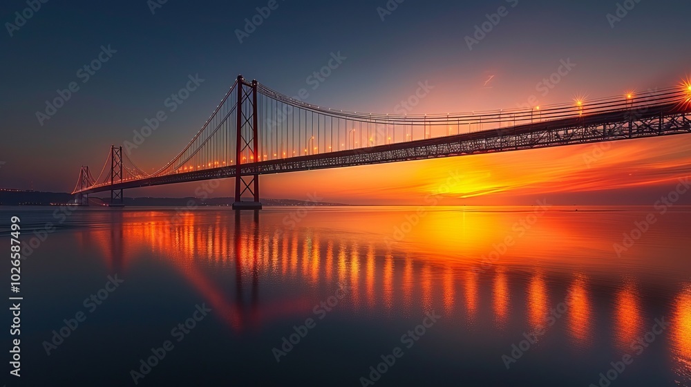 Illuminated Suspension Bridge at Night with Reflection on Tranquil Water Illuminated Suspension Bridge at Night with Reflection on Tranquil Water
