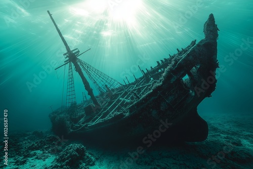 A Shipwreck on the Ocean Floor, Where the Remains of the Ship Are Covered in Coral and Seaweed photo