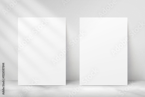 Two poster mockup. Mock up A4 paper. Picture frame. White realistic page on wall background. Piece leaflet sheets. Flyers templates with shadow. 2 blank pages. Portfolio leaflet. Vector illustration
