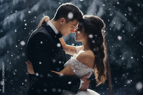 Romantic bride and groom embracing in snowy winter setting