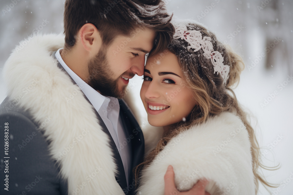 Smiling bride and groom embracing in snowy winter wedding Smiling bride and groom embracing in snowy winter wedding