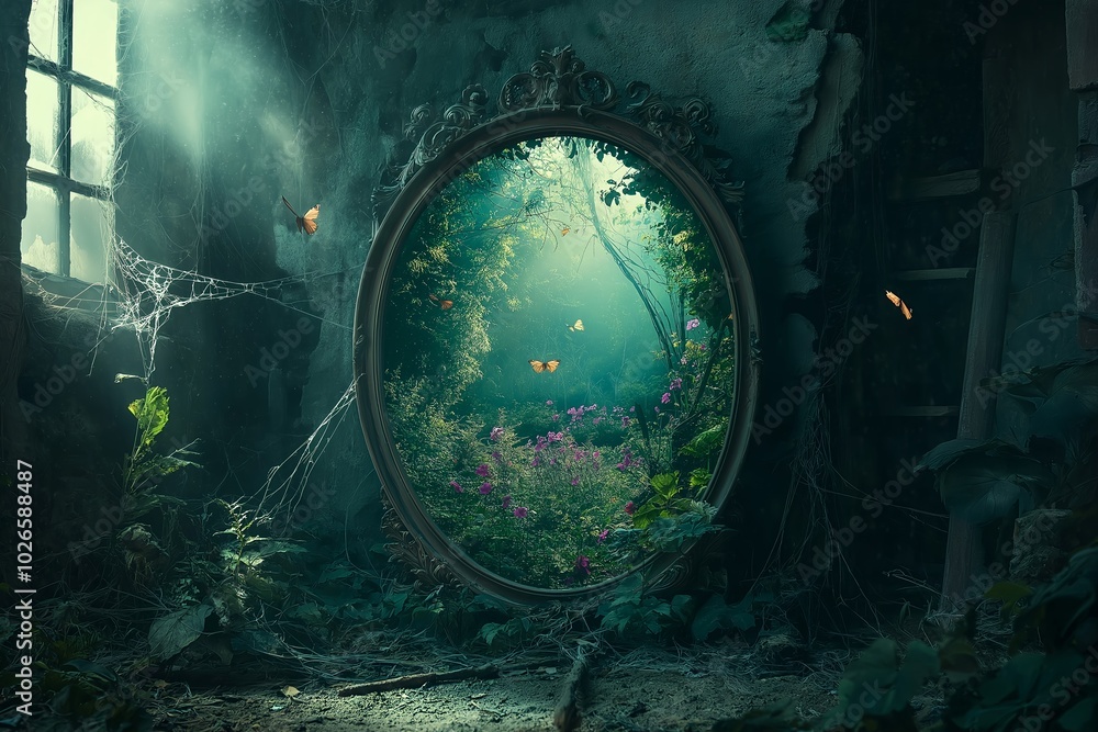 An Enchanted Mirror in a Dark, Gothic Room Where Everything is Vibrant and Full of Life, the Reflection Shows a Lush Garden With Flowers Blooming, Butterflies Fluttering An Enchanted Mirror in a Dark, Gothic Room Where Everything is Vibrant and Full of Life, the Reflection Shows a Lush Garden With Flowers Blooming, Butterflies Fluttering