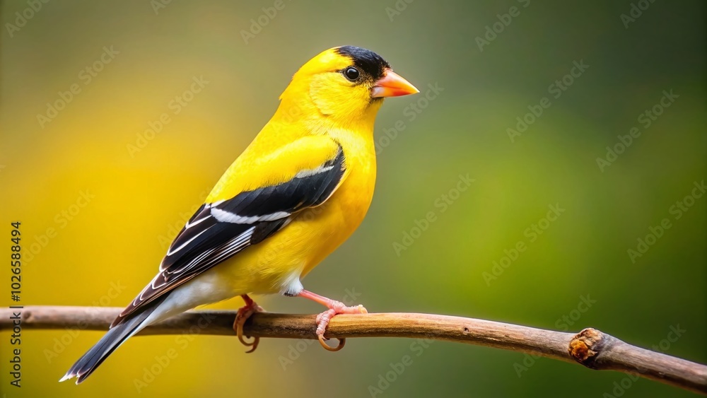 Vibrant American Goldfinch Perched on a Branch in Nature, Showcasing Bright Yellow Plumage and Beautiful Songbird Vibrant American Goldfinch Perched on a Branch in Nature, Showcasing Bright Yellow Plumage and Beautiful Songbird