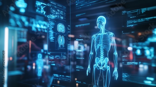 Detailed image of an X-ray machine with advanced digital display, showing a full-body skeletal scan.