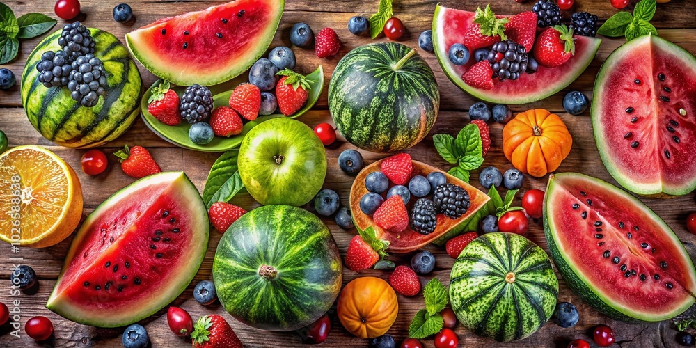 Colorful Watermelon and Melon Varieties with Berries - Top View Product Photography Colorful Watermelon and Melon Varieties with Berries - Top View Product Photography