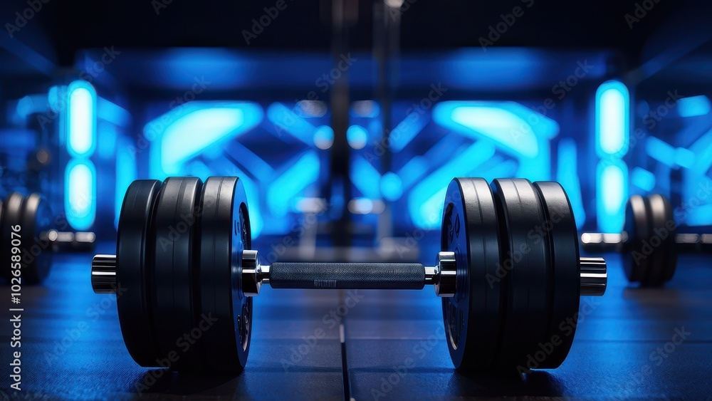 Naklejka premium A close-up of a dumbbell in a modern gym setting with blue lighting.