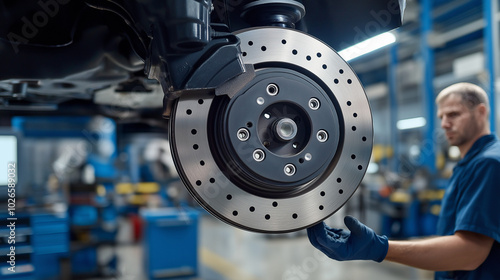 A close-up of a mechanic inspecting worn-out brake pads in a high-tech garage. The car is lifted, and the mechanic holds a brake caliper in one hand while explaining the wear to a customer standing.