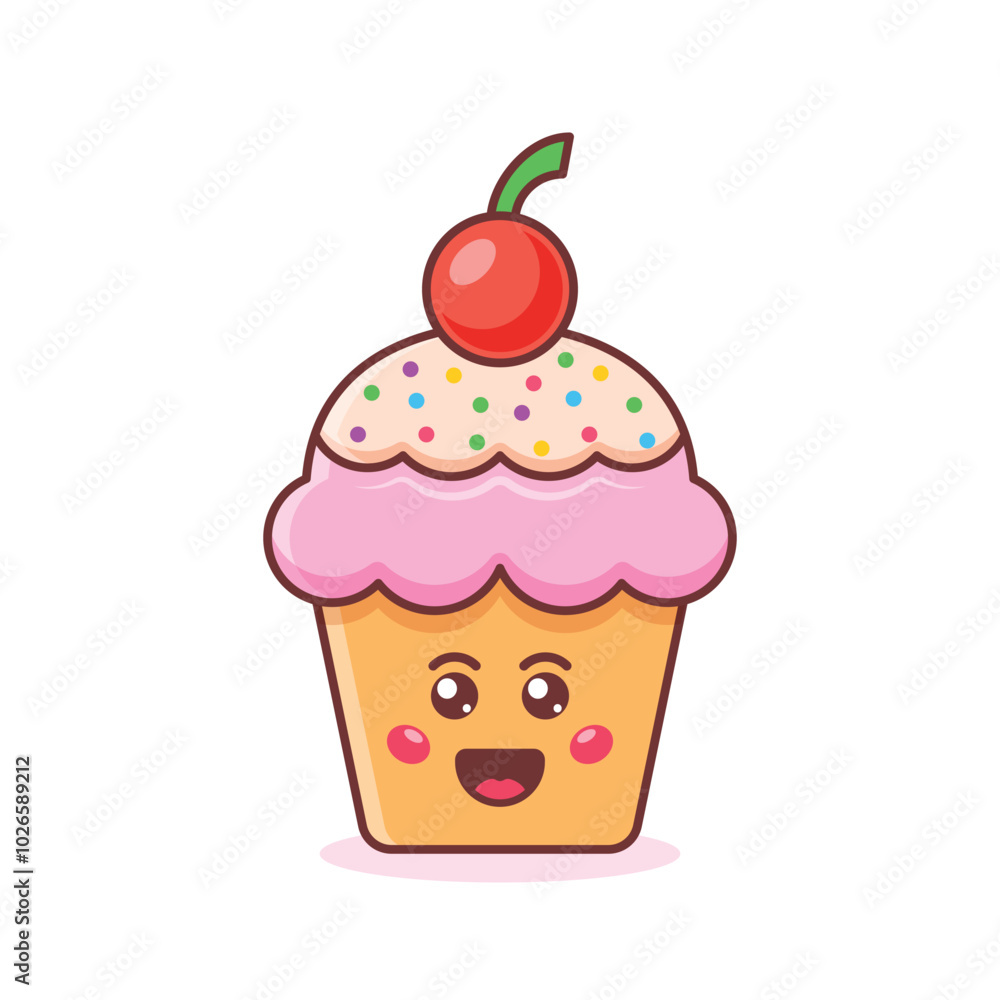 Cute sweet desserts icon in flat style. Kawaii cupcake vector illustration on isolated background. Happy muffin sign business concept. Cute sweet desserts icon in flat style. Kawaii cupcake vector illustration on isolated background. Happy muffin sign business concept.