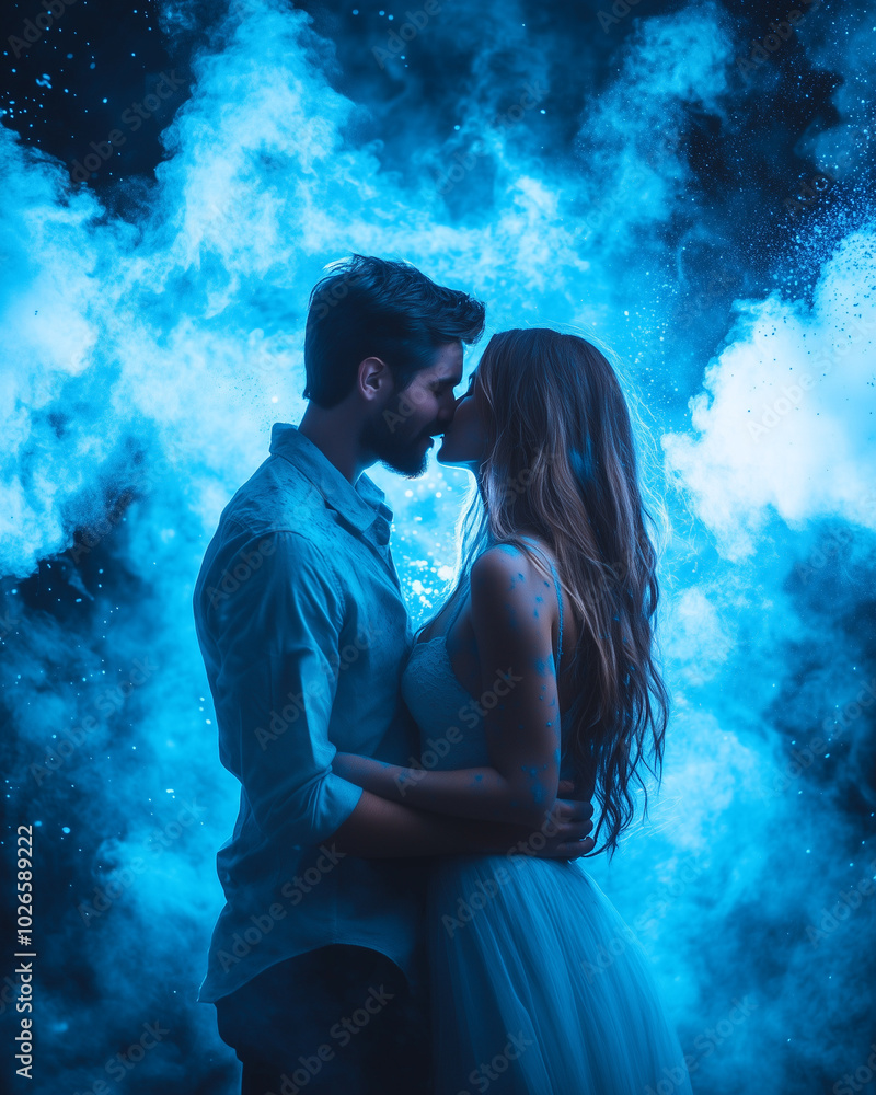Fototapeta premium Romantic couple embracing under vibrant blue cosmic sky
