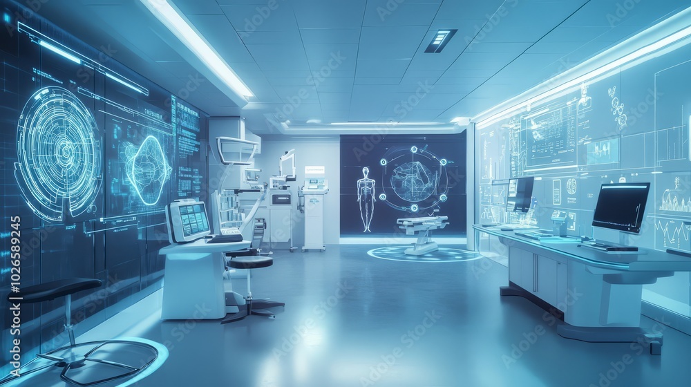 Futuristic Medical Center: A futuristic medical center with advanced technology, featuring holographic displays, sleek medical equipment, and a sterile, modern design. Futuristic Medical Center: A futuristic medical center with advanced technology, featuring holographic displays, sleek medical equipment, and a sterile, modern design.