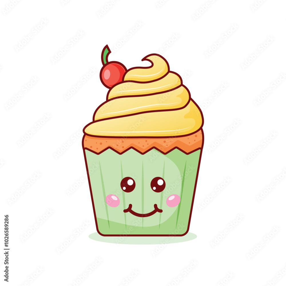 Cute sweet desserts icon in flat style. Kawaii cupcake vector illustration on isolated background. Happy muffin sign business concept. Cute sweet desserts icon in flat style. Kawaii cupcake vector illustration on isolated background. Happy muffin sign business concept.