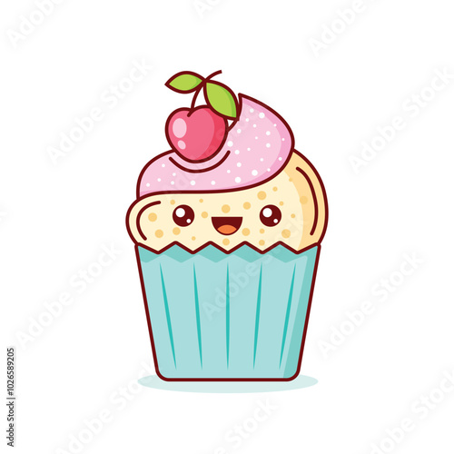 Cute sweet desserts icon in flat style. Kawaii cupcake vector illustration on isolated background. Happy muffin sign business concept.
