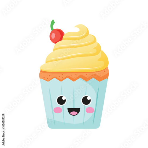 Cute sweet desserts icon in flat style. Kawaii cupcake vector illustration on isolated background. Happy muffin sign business concept.