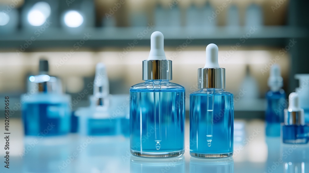 Glass bottles with cosmetic liquids in a laboratory setting. Creams, lotions, and serums in high-quality bottles. Scientific research and cosmetic production concept Glass bottles with cosmetic liquids in a laboratory setting. Creams, lotions, and serums in high-quality bottles. Scientific research and cosmetic production concept