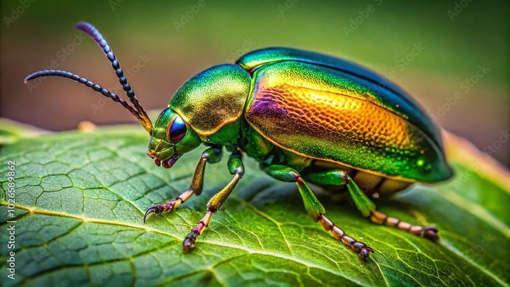 Naklejka premium Vibrant Golden Green Beetle Resting on Leaf in Nature, Showcasing Stunning Colors and Details for Insect Enthusiasts