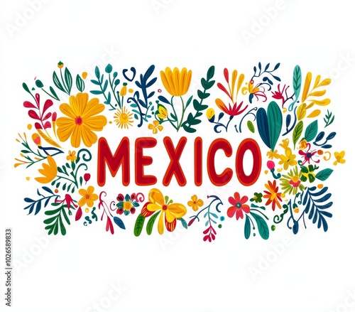 Mexican traditional floral ornaments vector logo design featuring the text "MEXICO" on a white background.