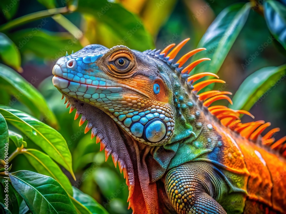 Fototapeta premium Vibrant Iguana Colors in Nature: A Stunning Display of Green, Blue, and Orange Hues in Tropical Ecosystems