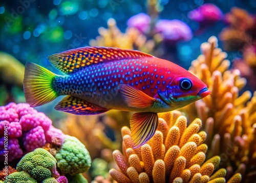 Vibrant Jewelfish Swimming in Coral Reef, Showcasing Colorful Scales and Underwater Beauty in Marine Ecosystem