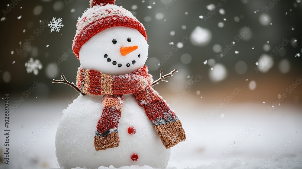Snowman with a blue scarf and top hat in a snowy field Snowman with a blue scarf and top hat in a snowy field