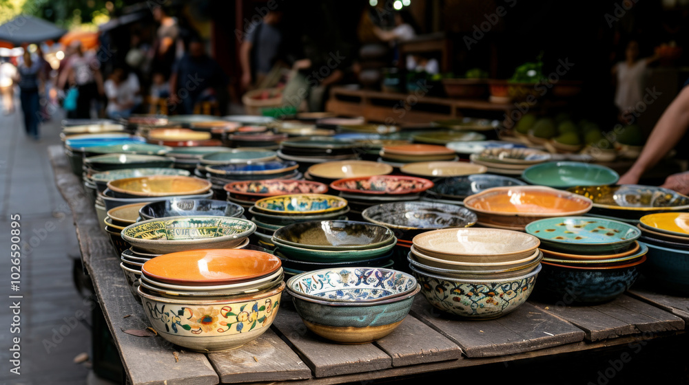 garage sale, vibrant outdoor market stall displaying array of colorful ceramic bowls. handcrafted bowls are laid out on wooden table, showcasing their unique designs and artisan craftsmanship garage sale, vibrant outdoor market stall displaying array of colorful ceramic bowls. handcrafted bowls are laid out on wooden table, showcasing their unique designs and artisan craftsmanship