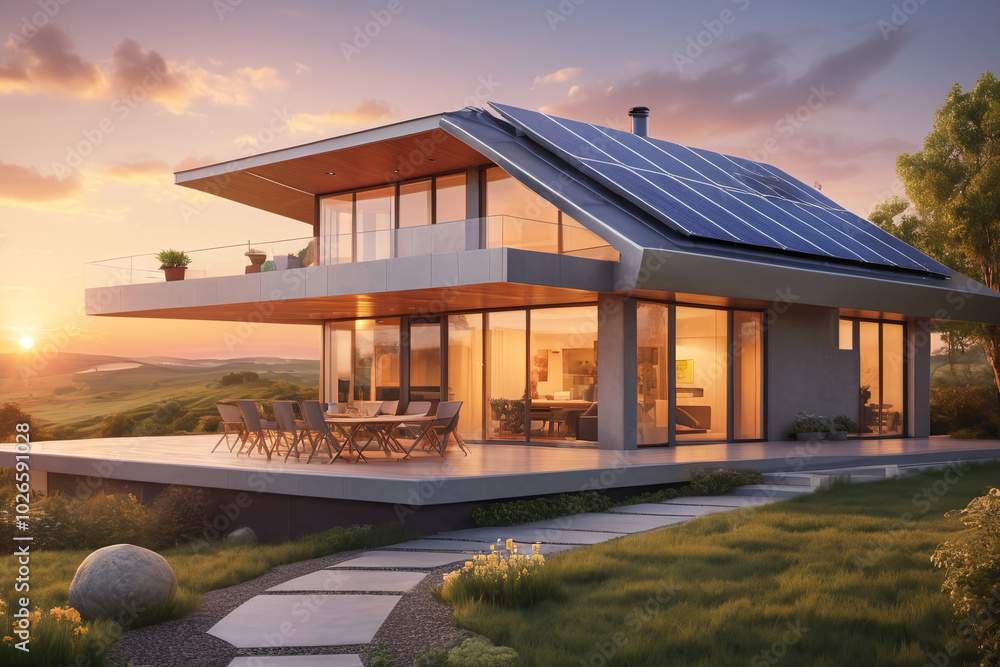 Illustration of modern sustainable low energy family house Illustration of modern sustainable low energy family house