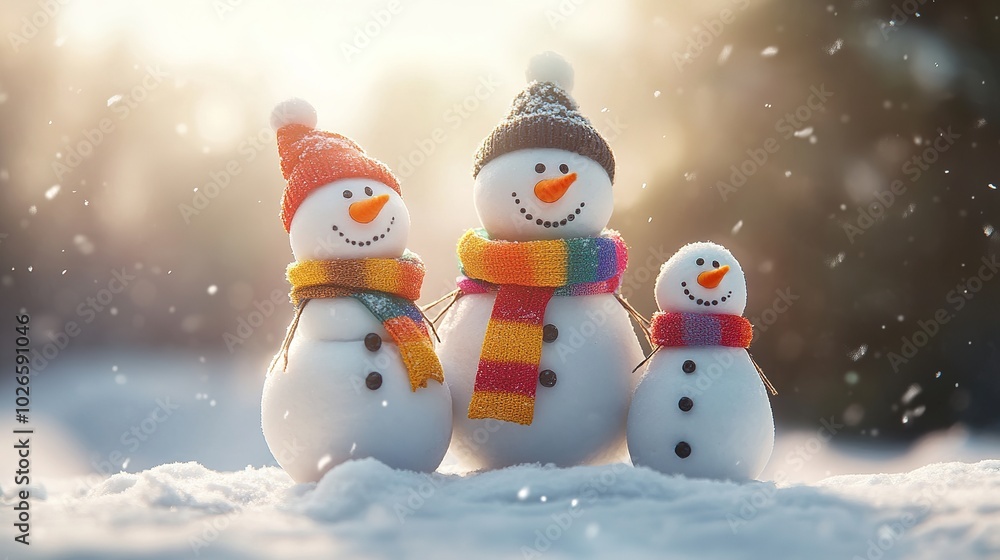 Fototapeta premium Snowman family with colorful scarves, standing in the middle of winter
