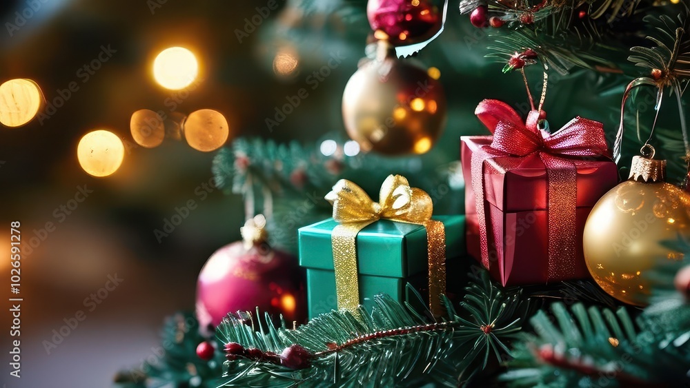 A close-up of a decorated Christmas tree with colorful ornaments and wrapped gifts. A close-up of a decorated Christmas tree with colorful ornaments and wrapped gifts.