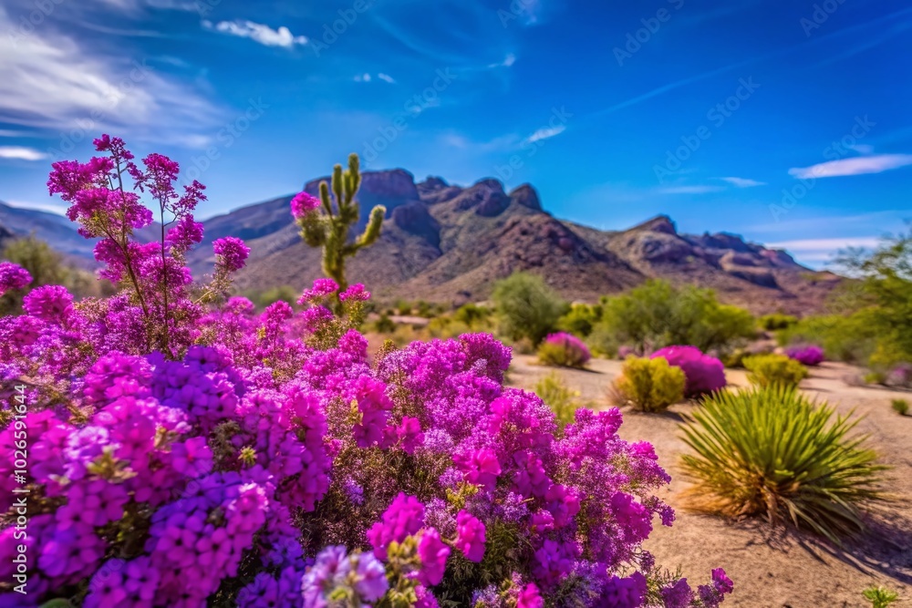 Vibrant Purple Flowers Blooming in Arizona's Desert Landscape Under Clear Blue Skies During Springtime Nature's Beauty Vibrant Purple Flowers Blooming in Arizona's Desert Landscape Under Clear Blue Skies During Springtime Nature's Beauty