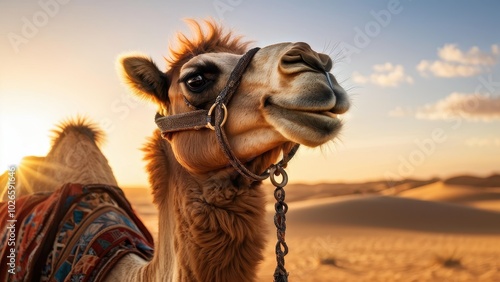 A close-up of a camel in the desert at sunset, showcasing its features and surroundings.