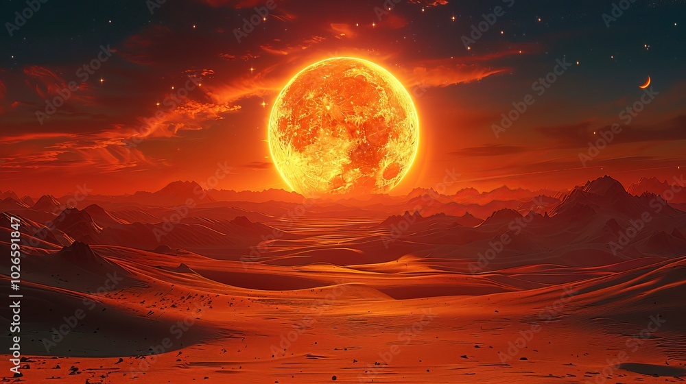 Radiant Full Moon Illuminates Alien Desert Landscape at Night Radiant Full Moon Illuminates Alien Desert Landscape at Night