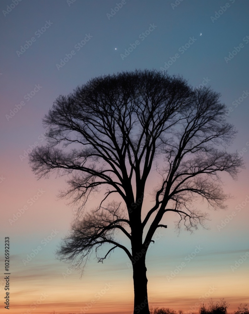 Beautiful Twilight Sky With A Big Tree Silhouette. Beautiful Twilight Sky With A Big Tree Silhouette.