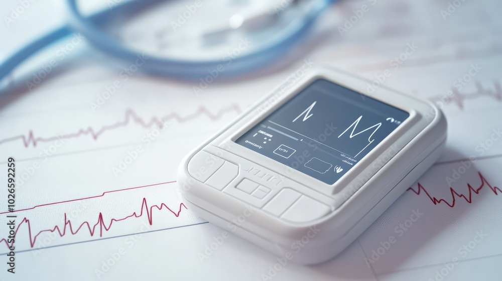 Portable ECG monitor on white background, focus on compact design and home healthcare Portable ECG monitor on white background, focus on compact design and home healthcare