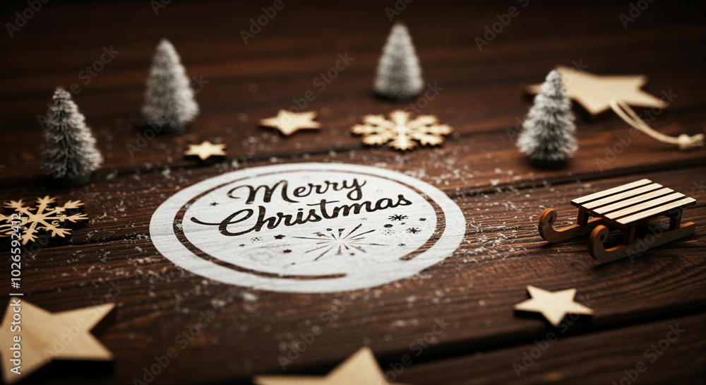 Christmas decoration with wooden sled snowflakes and festive stars on wood background Christmas decoration with wooden sled snowflakes and festive stars on wood background
