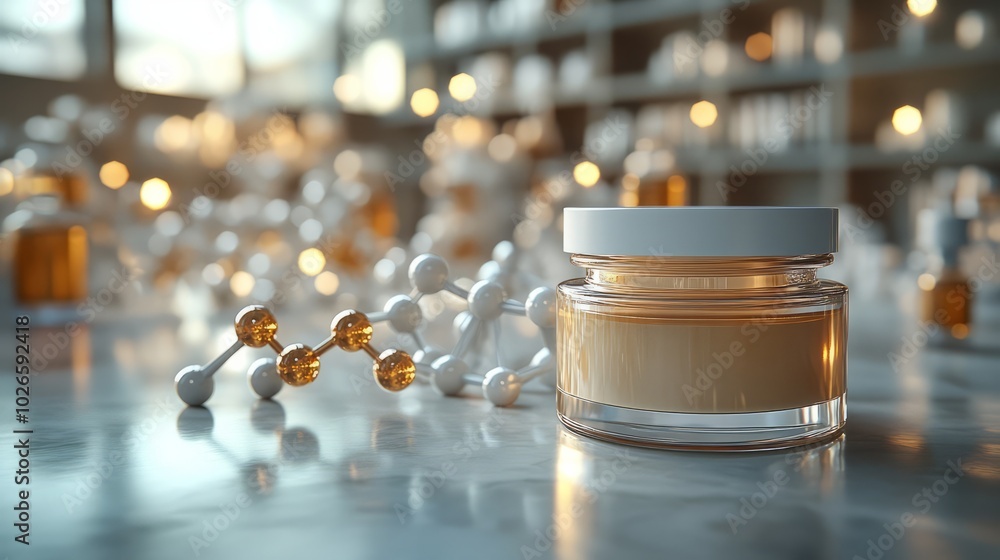 Retinoid cream in cosmetic jar, close-up with molecular structure for anti-aging skincare Retinoid cream in cosmetic jar, close-up with molecular structure for anti-aging skincare