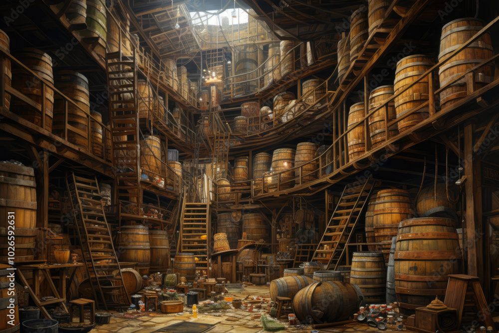 Fototapeta premium generated Illustration of Wine barrels in wine vaults.