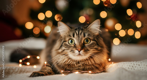 Cat with Christmas lights posing beautifully during the festive season