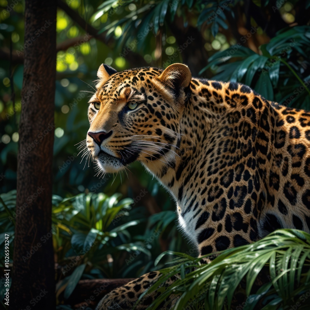 A leopard with a spotted coat sits in a jungle with green foliage, looking off to the side. A leopard with a spotted coat sits in a jungle with green foliage, looking off to the side.