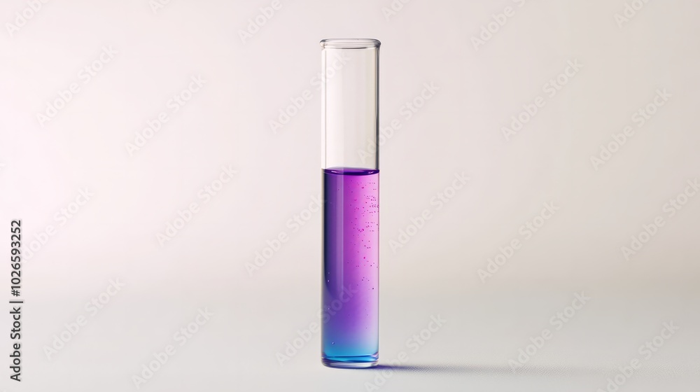 Single test tube with a colored solution inside, placed on a white surface. The background is bright and minimalistic Single test tube with a colored solution inside, placed on a white surface. The background is bright and minimalistic