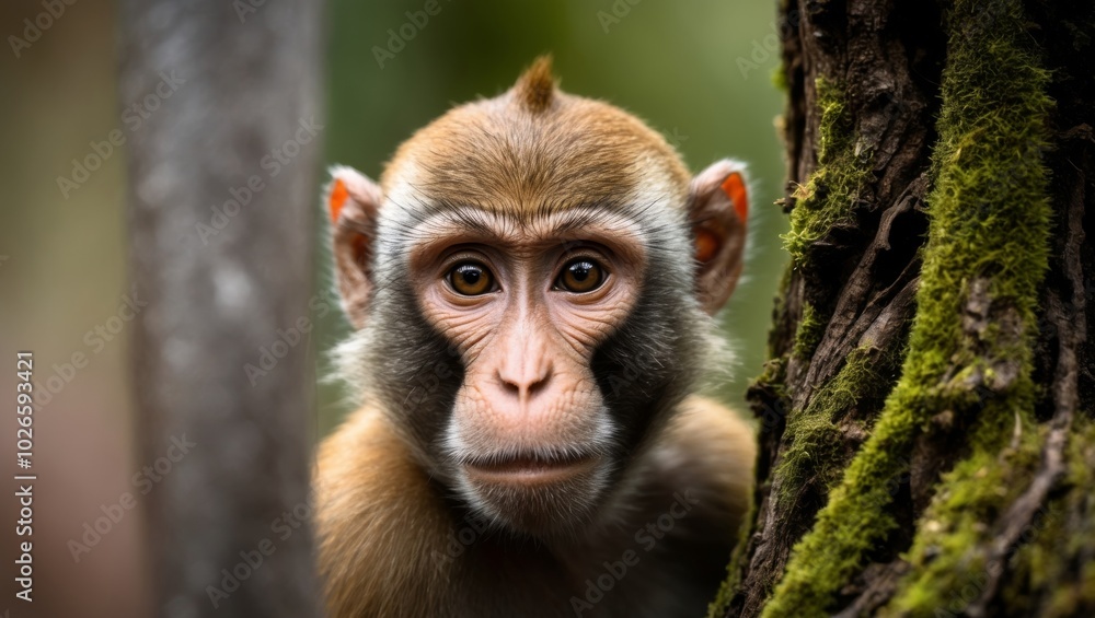 A tight shot of a monkey's face with a tree in the background near its eye. A tight shot of a monkey's face with a tree in the background near its eye.