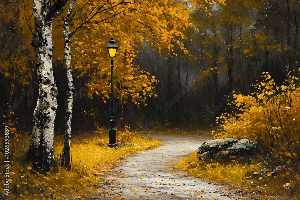 Street lamp in an autumn park with orange and yellow leaves scattered around, creating a serene and peaceful evening setting. Street lamp in an autumn park with orange and yellow leaves scattered around, creating a serene and peaceful evening setting.