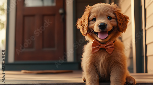 a dog in bow tie sitting on wooden porch of house